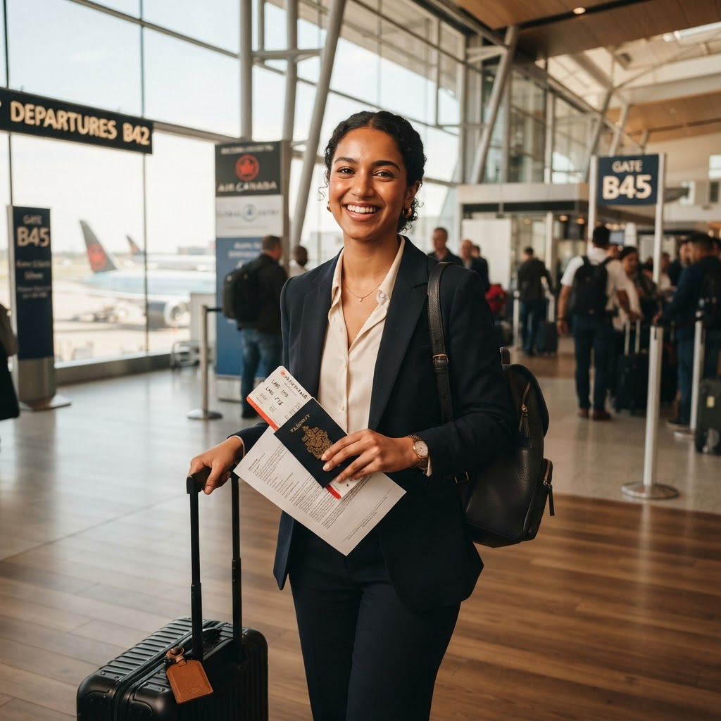A confident international student holding a passport at the airport